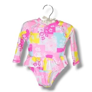 Nicole Miller Multicolored Long-Sleeve Rashguard Ruffled Swimsuit - Size 12M